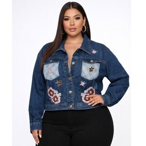 Seventh Avenue Denim Jacket Women 2X Blue Floral Patchwork Embroidered Cotton